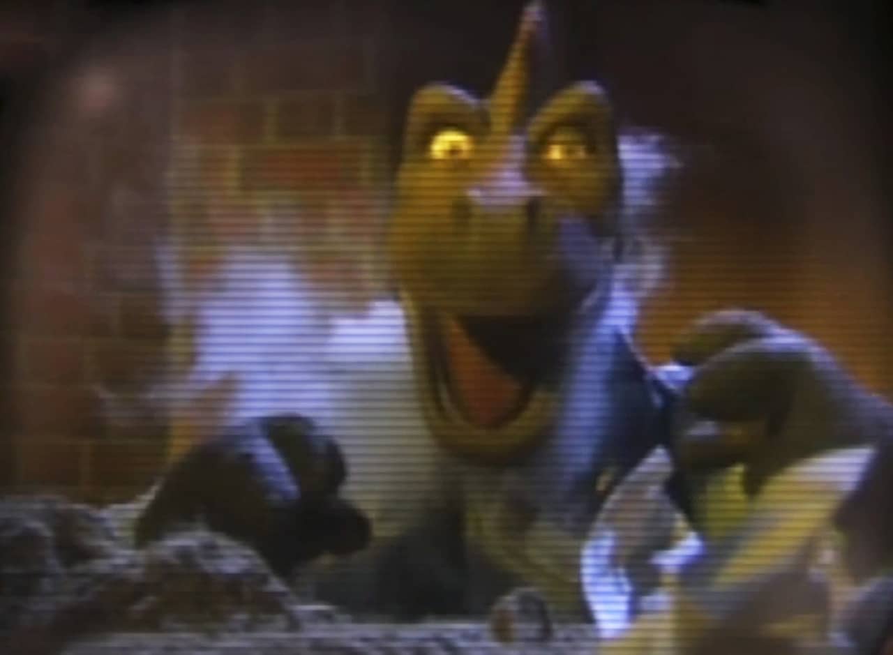 dinosaur cop with smoke emerging from all over his body