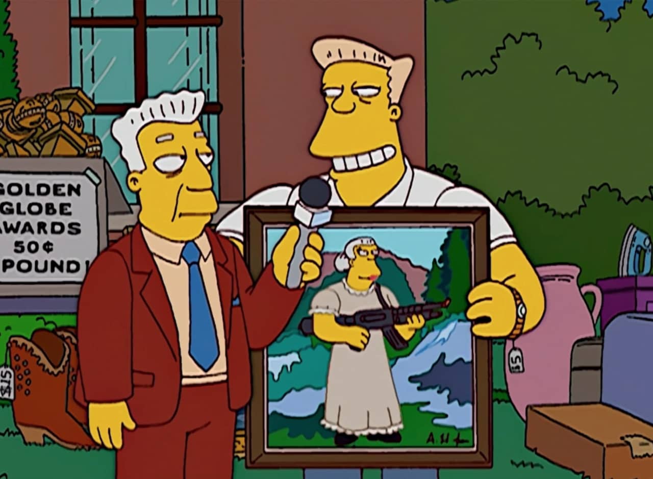 at an estate sale, Brockman interviews Rainier Wolfcastle who is holding a picture of his mother weilding a gun