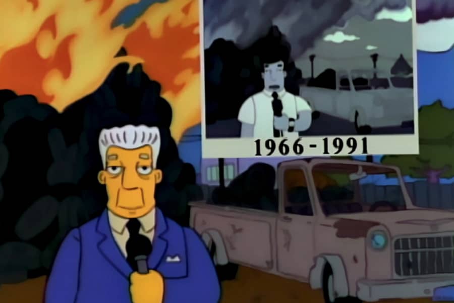 Brockman in front of a fire and a truck with a photo of a younger him in the same spot also in front of a fire