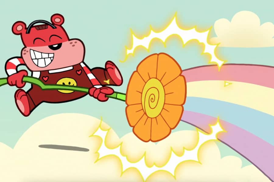 Ray Bear, a red bear, shooting a rainbow out of a flower