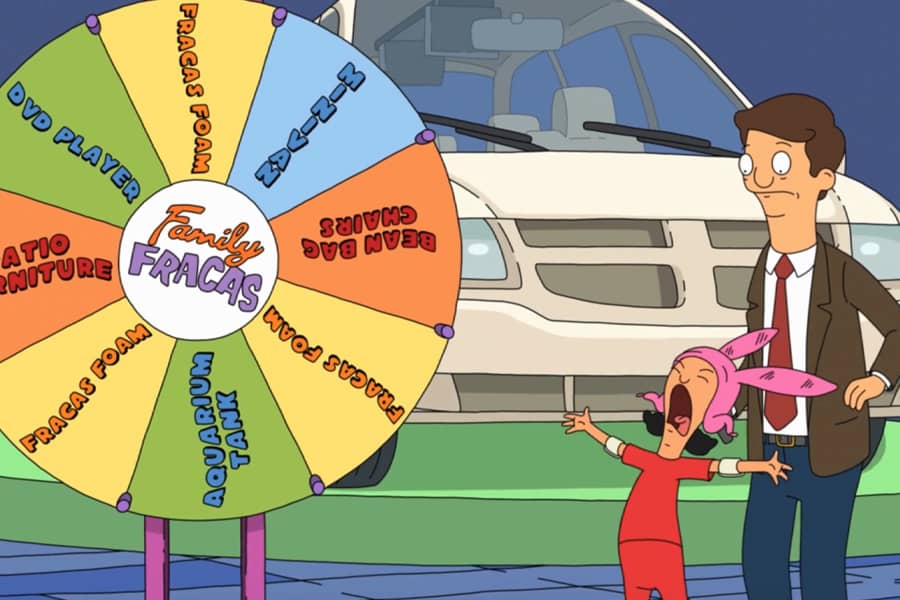 contestant Louise Belcher screams in frustration next to a wheel of prizes