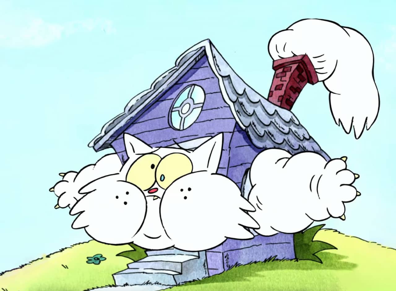small house with a huge cat stuck inside, with its head sticking out the door, its paws out the windows, and its tail out the chimney