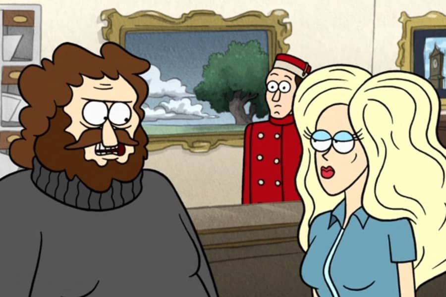 protagonist talking with blonde woman in the hotel lobby
