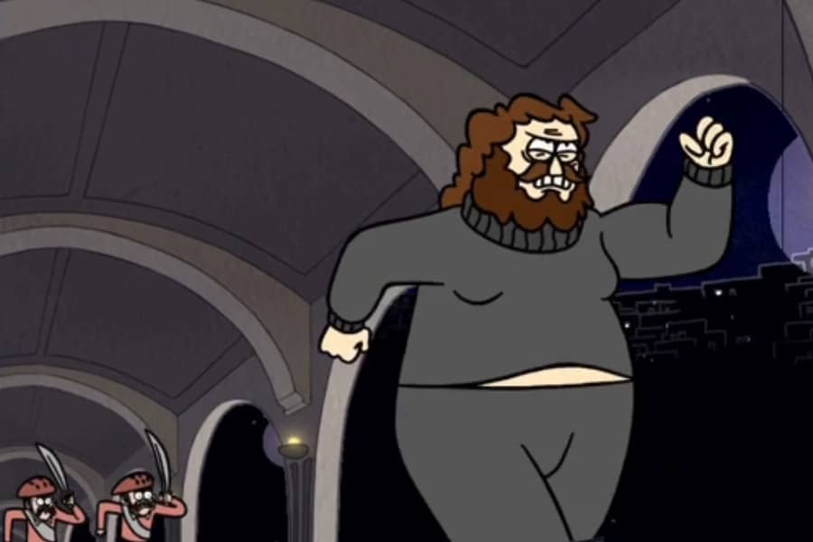 protagonist running away from two guys with swords