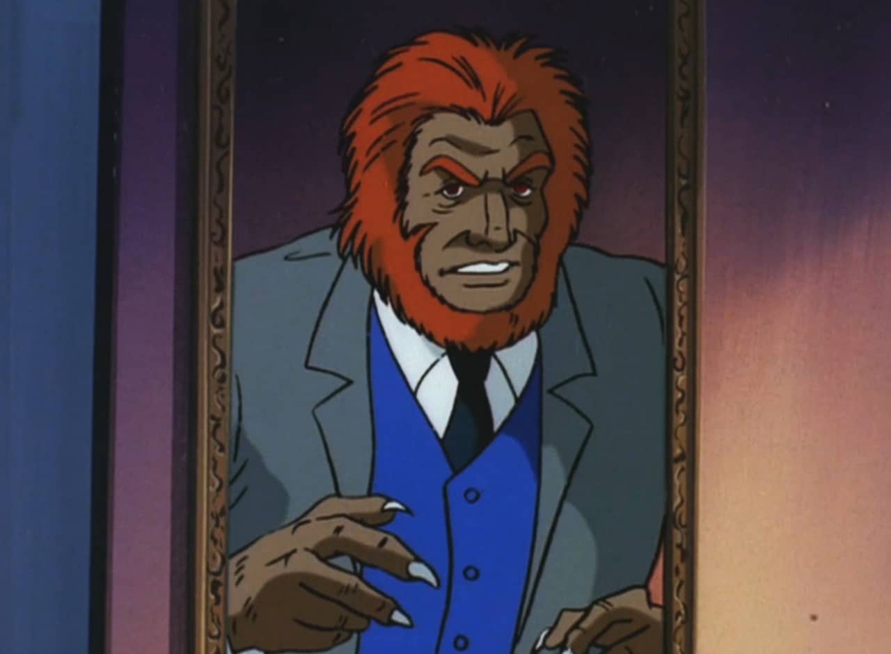 mirror reflection of werewolf man in a three-piece suit