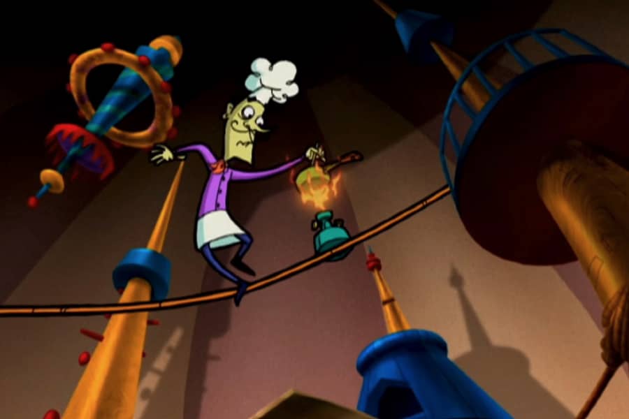 a chef cooking a meal on a tightrope