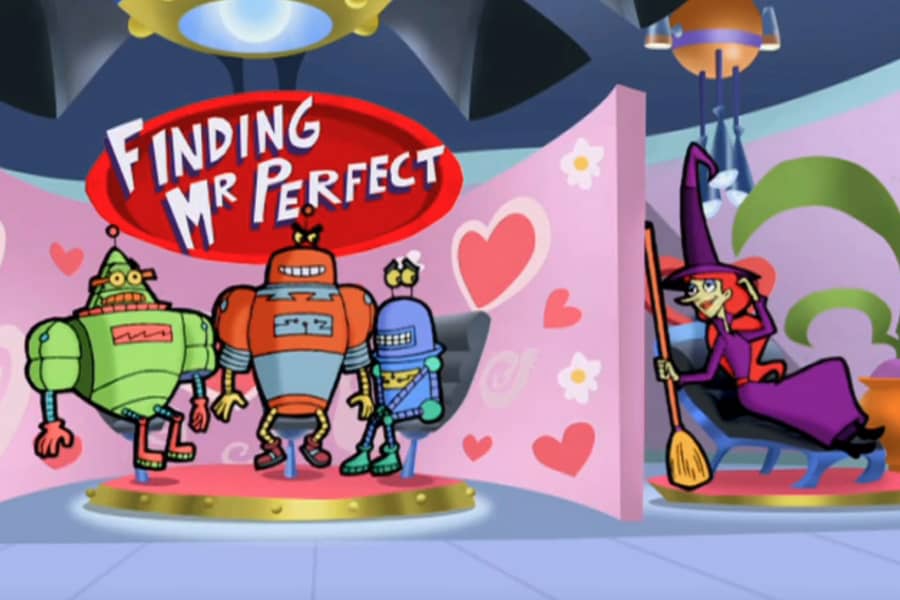 robot suitors separated by a wall from a single witch woman