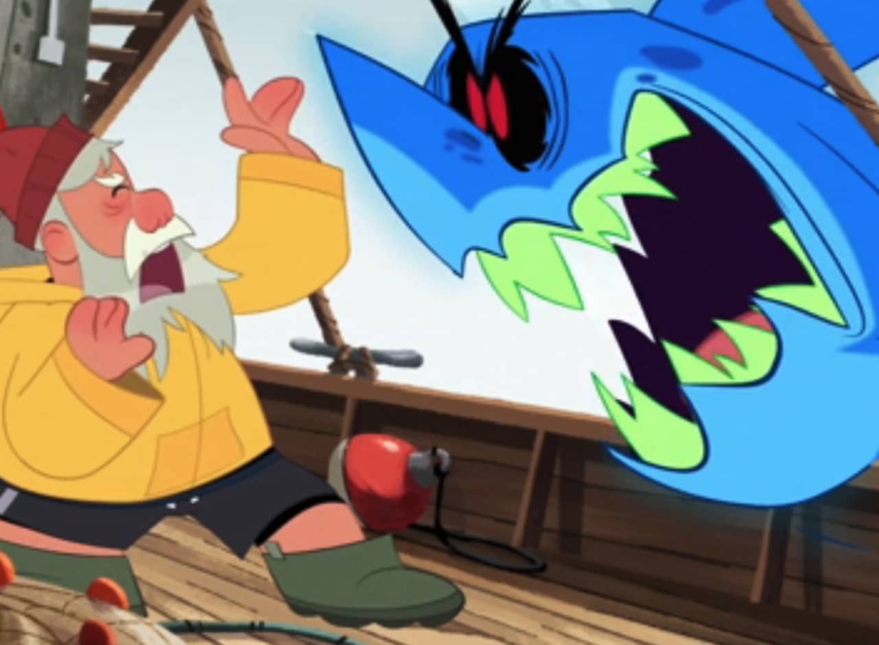 a giant shark with red eyes and green teeth attacks a fisherman