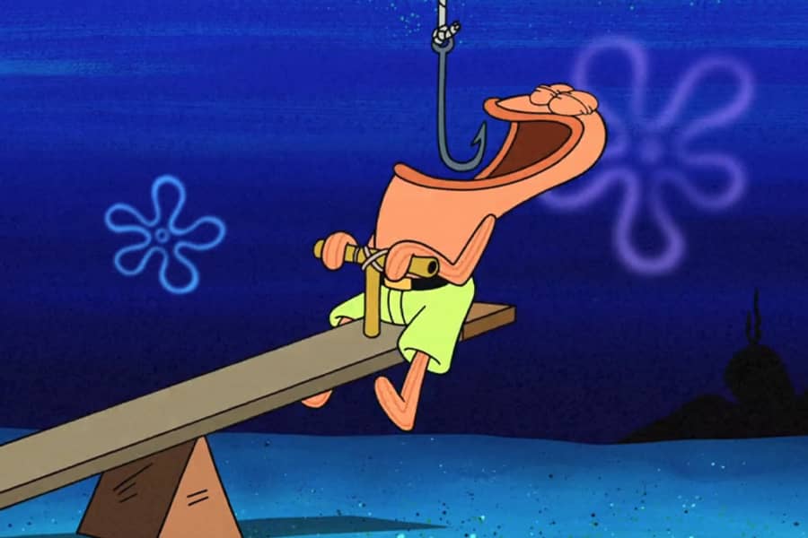 fish on a seesaw with a joyful open mouth, but a hook is about to hook him