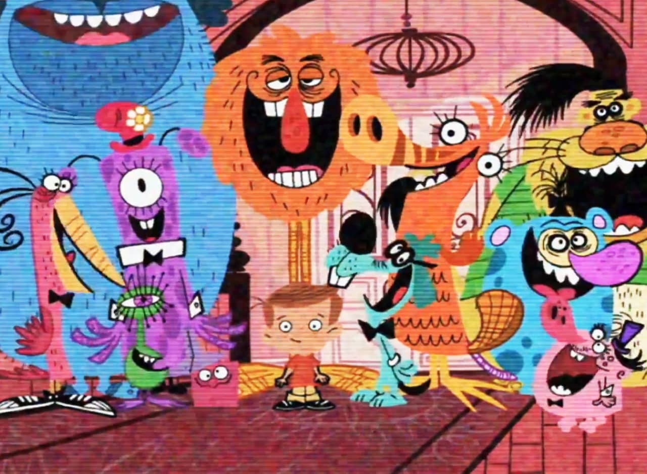a young boy surrounded by all kinds of fantasy creatures and friends