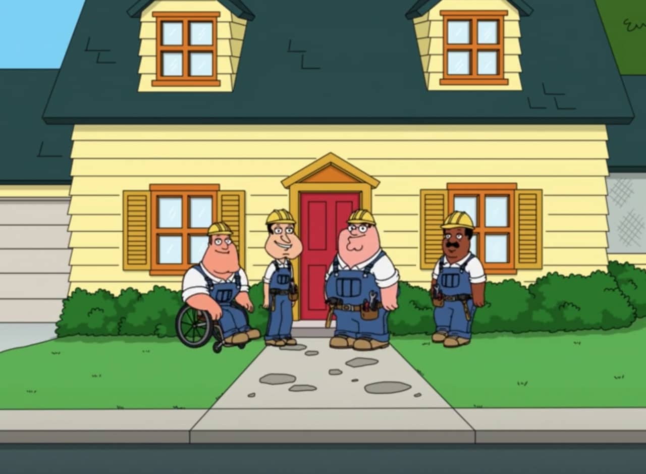 Peter, Joe, Cleveland, and Quagmire in overalls and hard hats