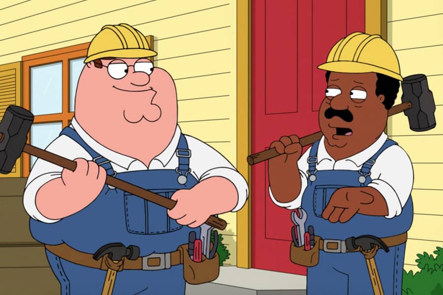 Peter and Cleveland talk while holding sledge-hammers