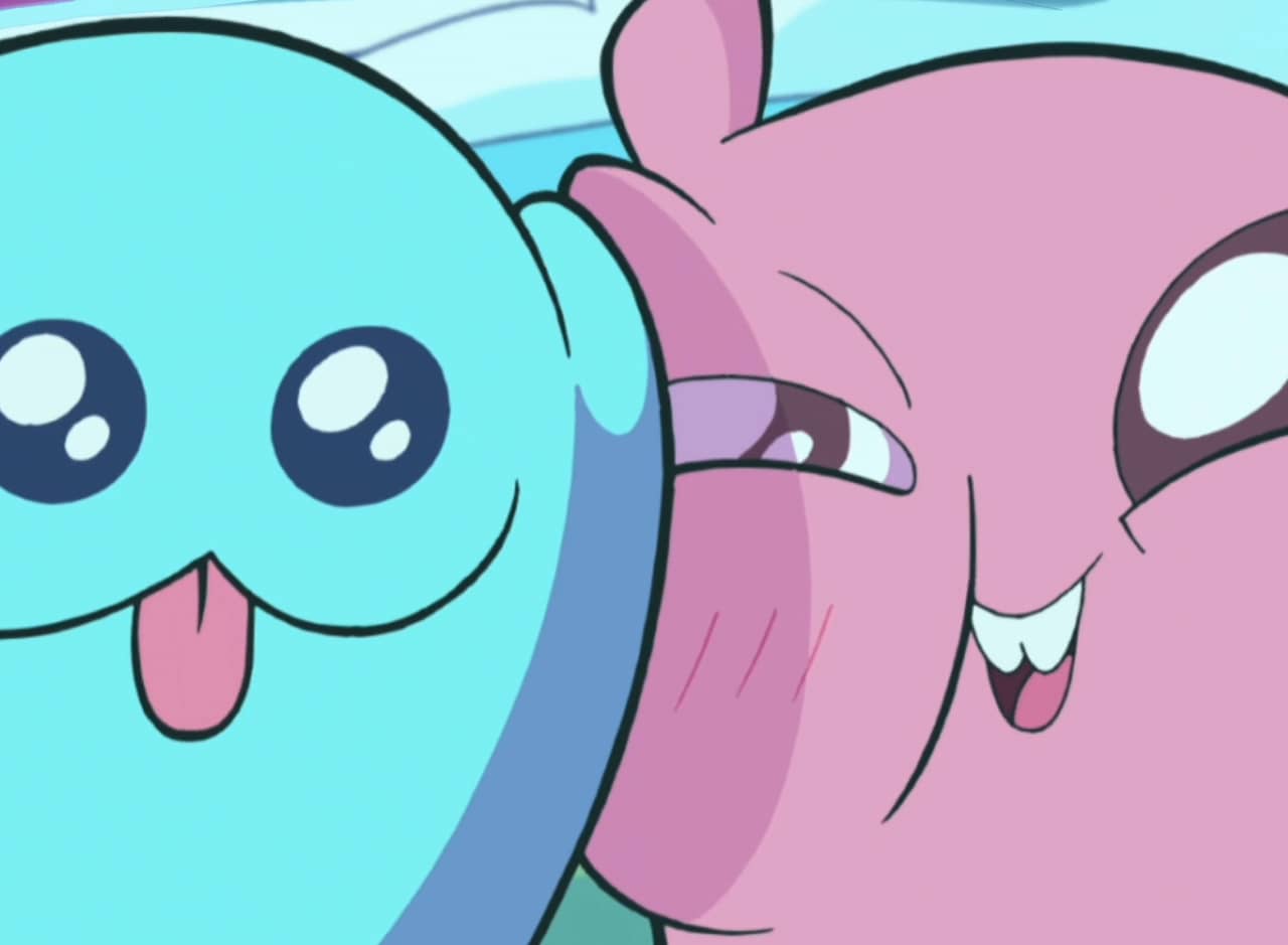 blue and pink blobby cartoon characters smooshing faces