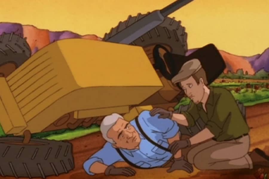 Charlton Heston trapped under a tractor and Ethan Hawke kneeling nearby