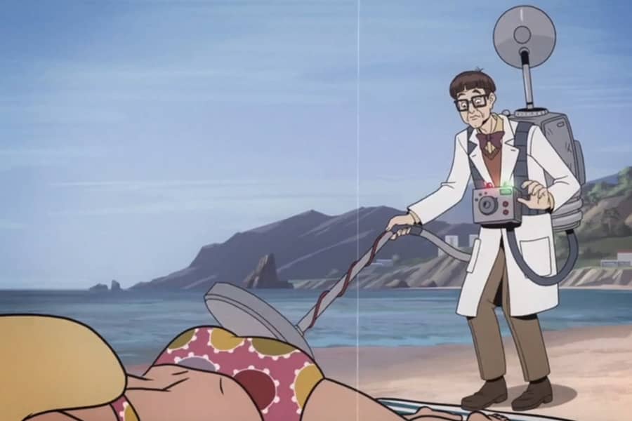 Professor Fribble using a metal detector on a beach near woman sunbathing