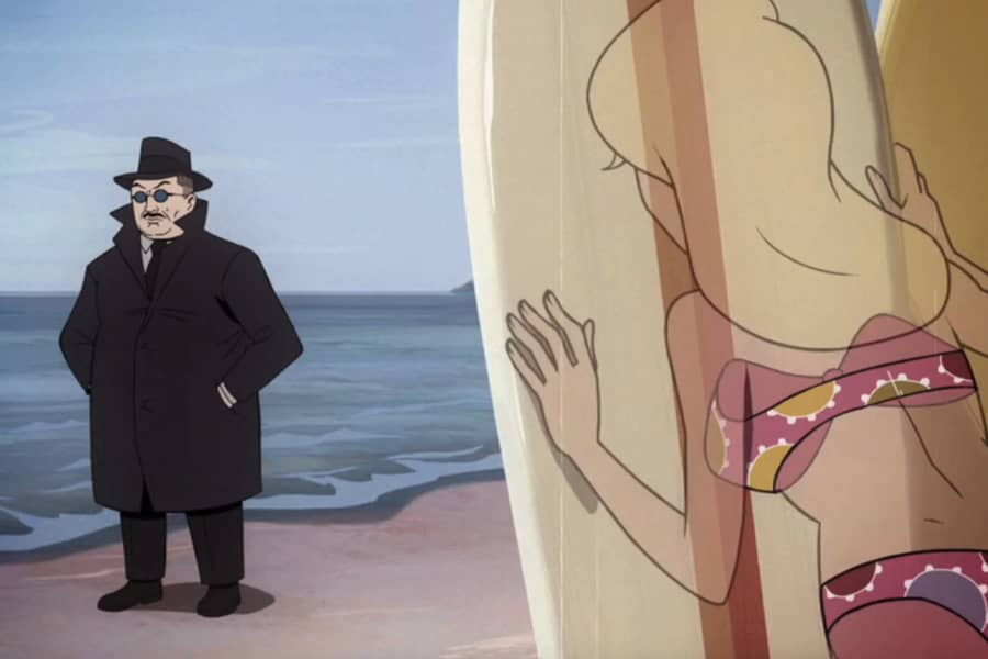semi-invisible woman peeking at a man in a trenchcoat