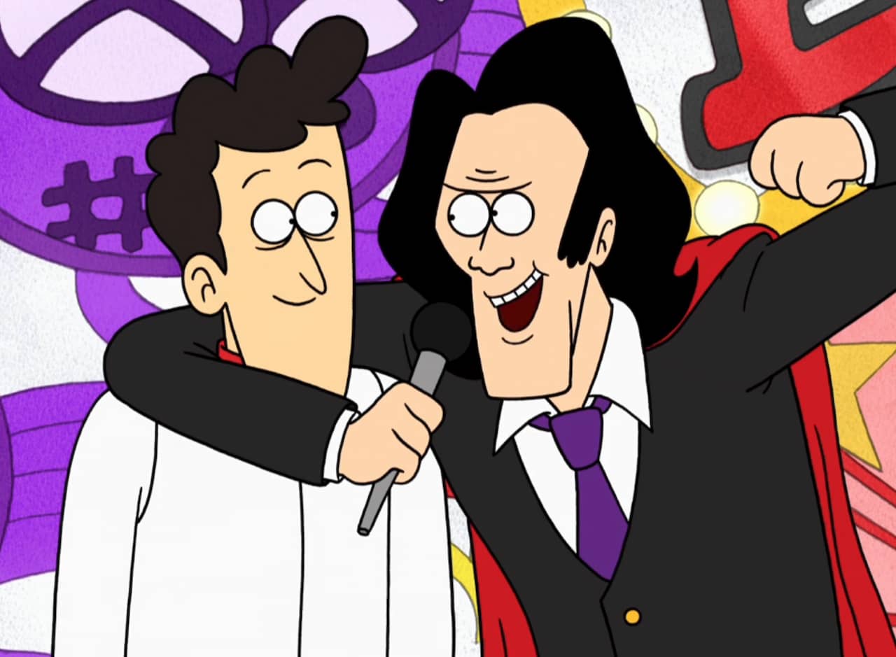 Mitsuru Shinehara with his arm around a contestant and his fist in the air