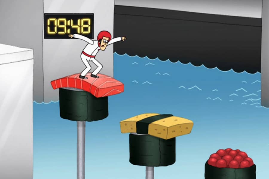 contestant jumping across tall platforms shaped like sushi