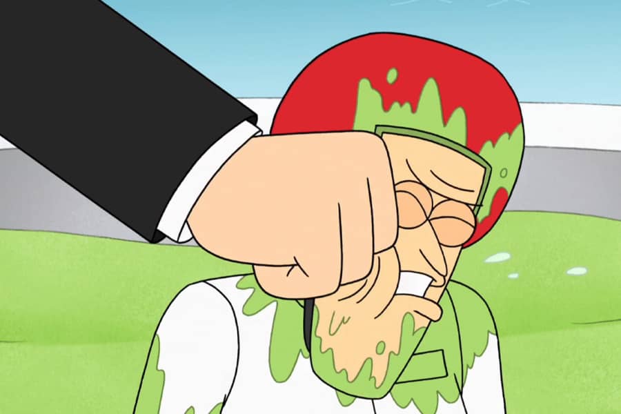 contestant covered in wasabi getting a punch in the face