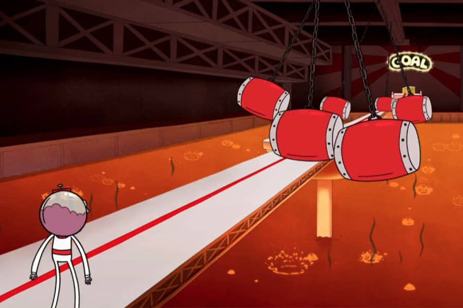 contestant staring down the Terror Taikos, a long catwalk with huge drums swinging back and forth