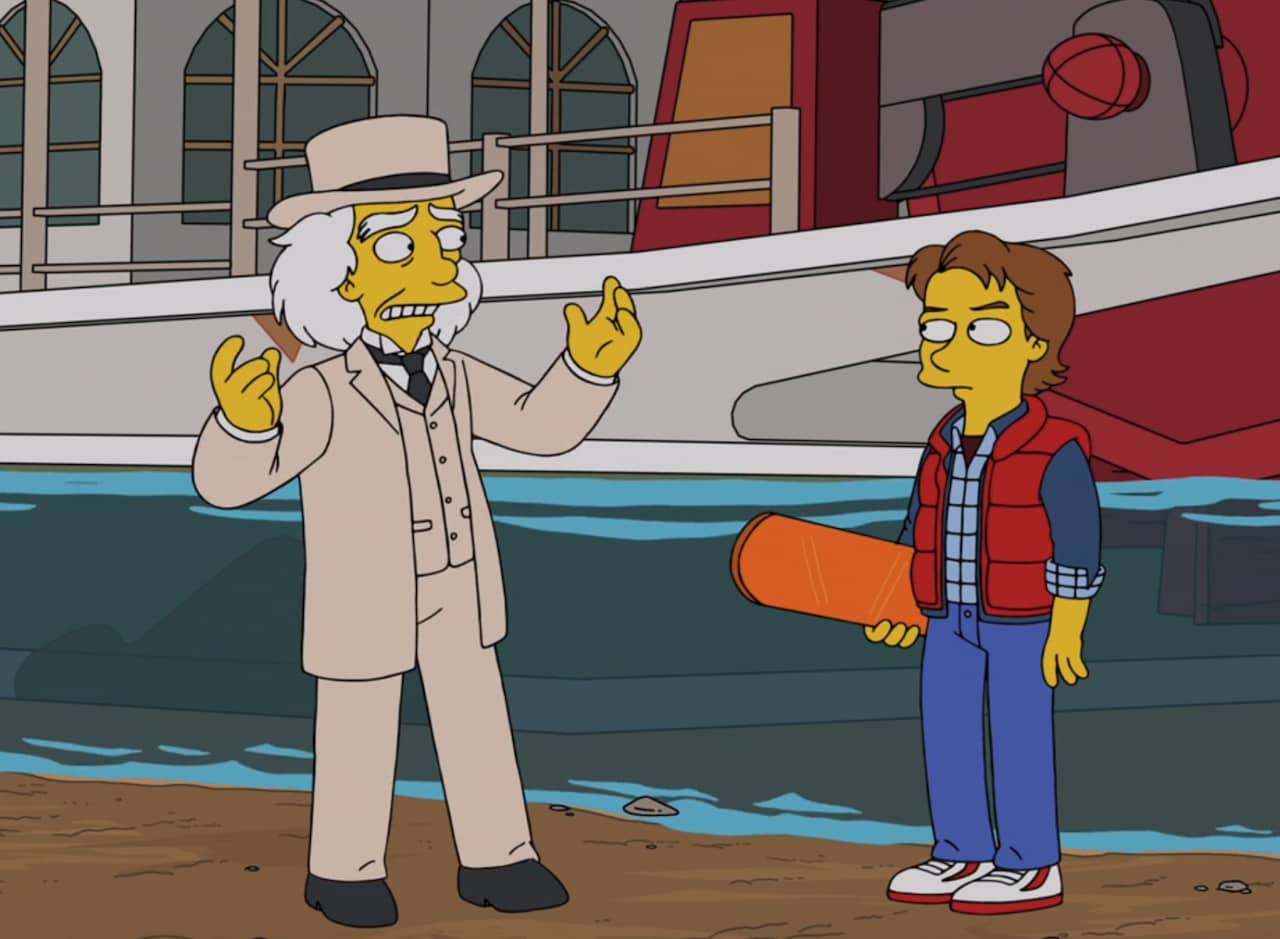 the Professor dressed like a southern plantation owner, with Mickey, a teen in a puffy vest and holding a hover board