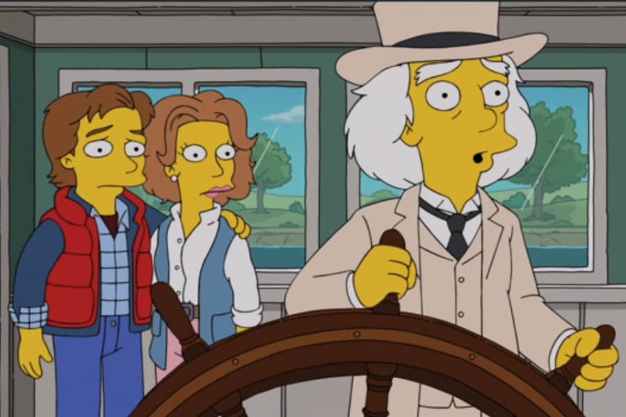 Mickey and a woman look concerned as the Professor steers the boat