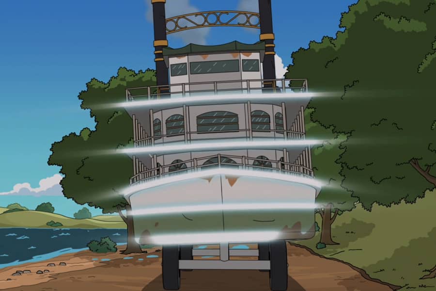 the paddle steamer on wheels, on land, glowing and driving toward the camera