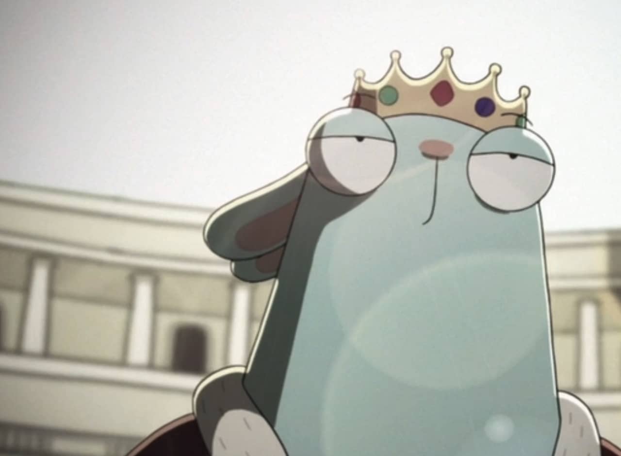 Barry Buns wearing a crown in a colosseum