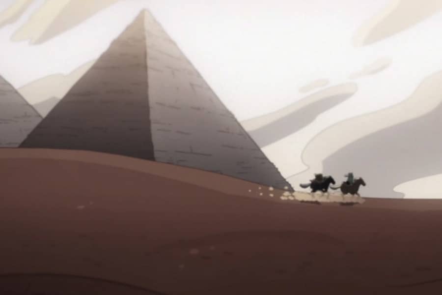 people riding horses in the distance past the Great Pyramids