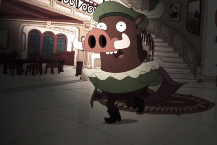 Renée du Bedat dressed as Shakespeare running across the foyer of a mansion