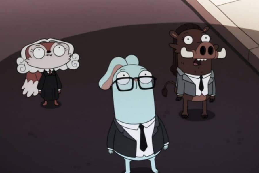 Barry, Renée, and Candle Fox looking up in the shadow of a UFO