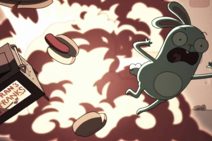 Barry and his hot dog cart going flying with a huge explosion behind