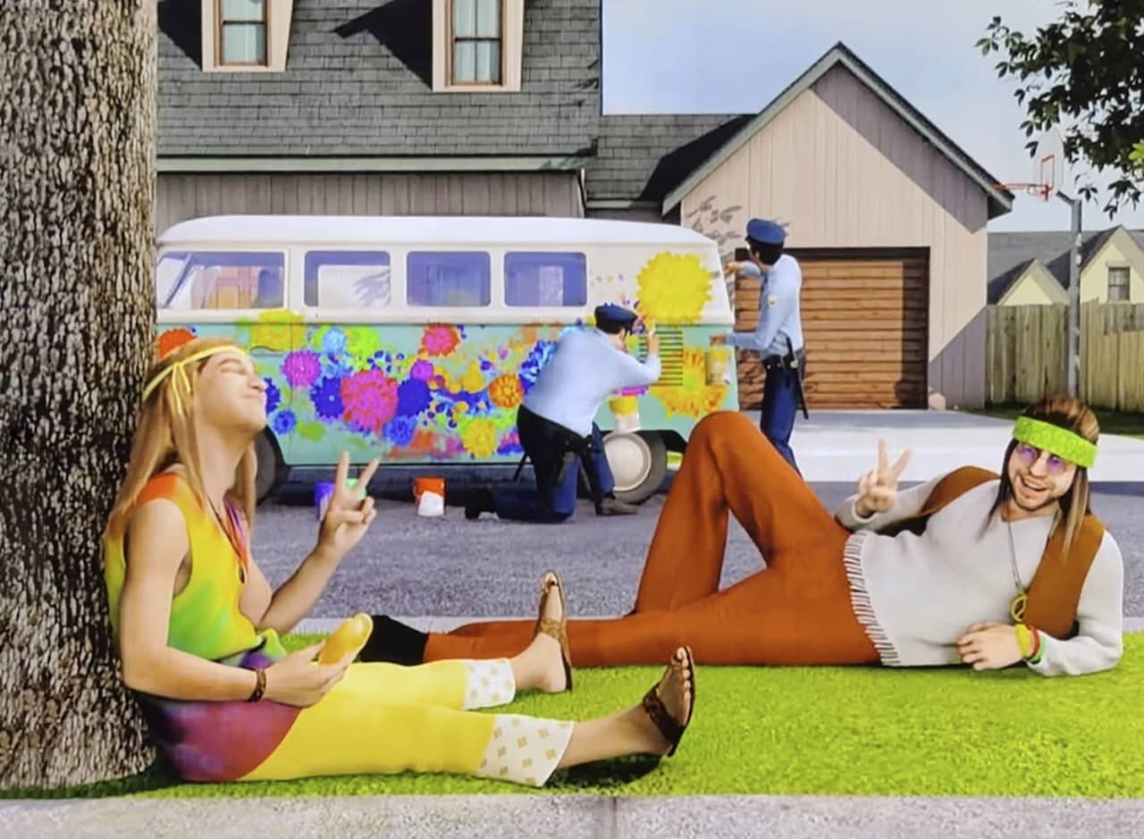 two hippies lounging on the grass while two cops paint a VW van behind them
