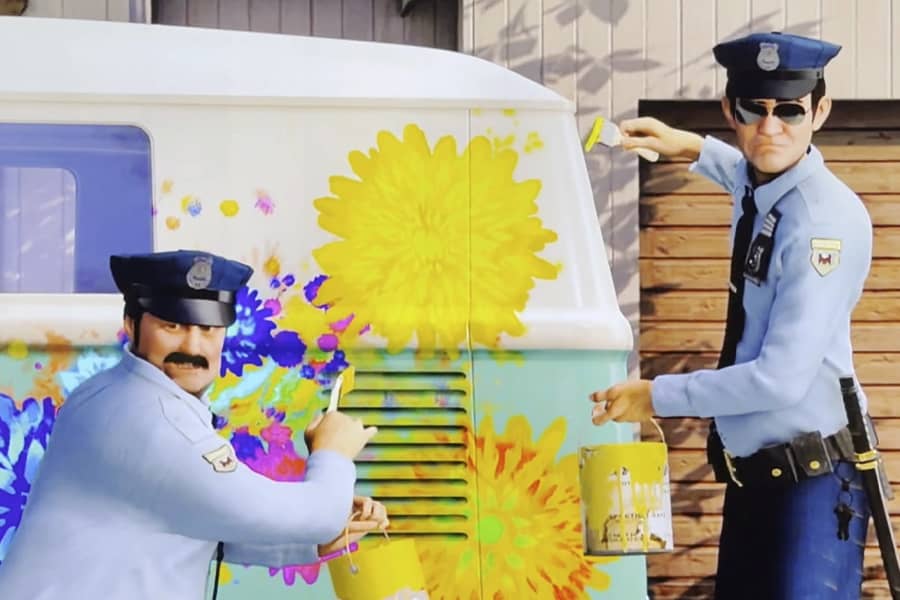 cops painting flowers on the van