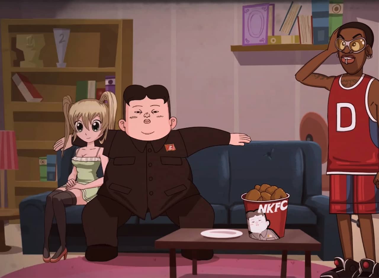 Kim Jong Un sitting on the couch with a girl while Denzel Rodman stands nearby; there is a bucket of NKFC on the table