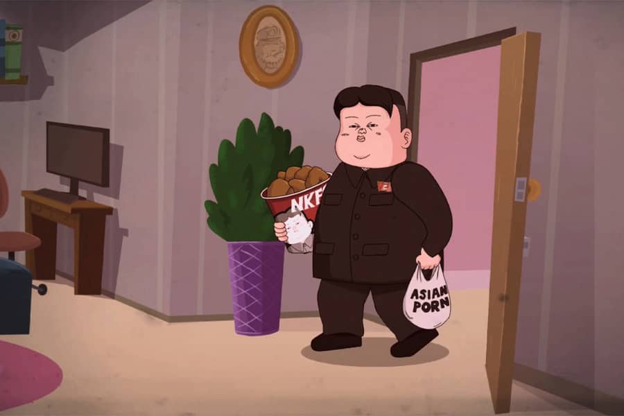 Kim Jong Un walking into an apartment with a bucket of NKFC and a bag of Asian porn