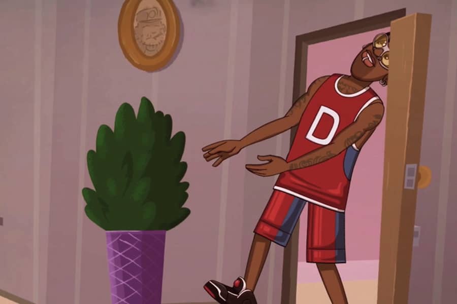 Denzel Rodman ducking to get into the apartment door