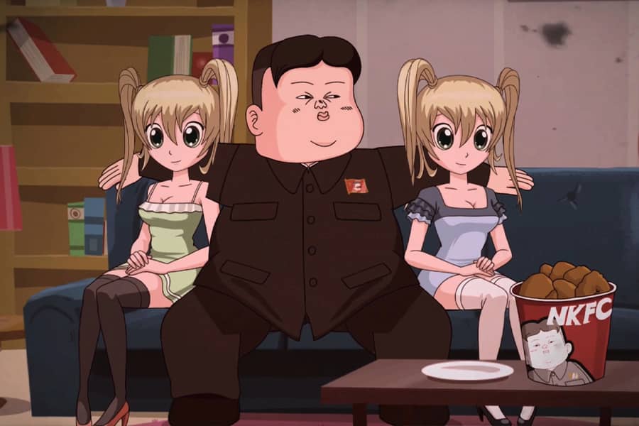 Kim Jong Un on the couch with two anime girls