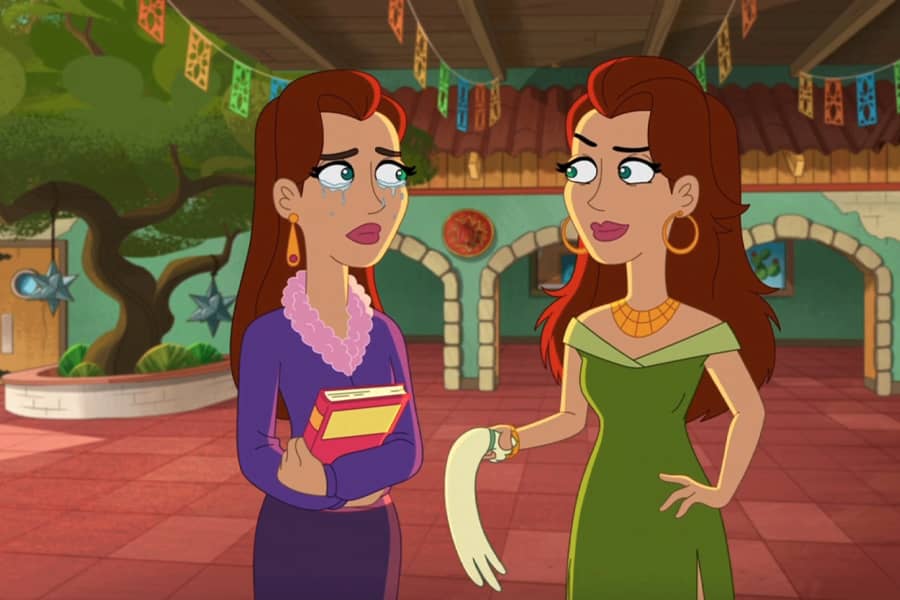 a woman crying while talking to another woman in a courtyard