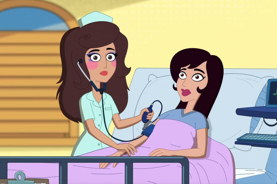 nurse in heavy makeup taking a patient’s blood pressure