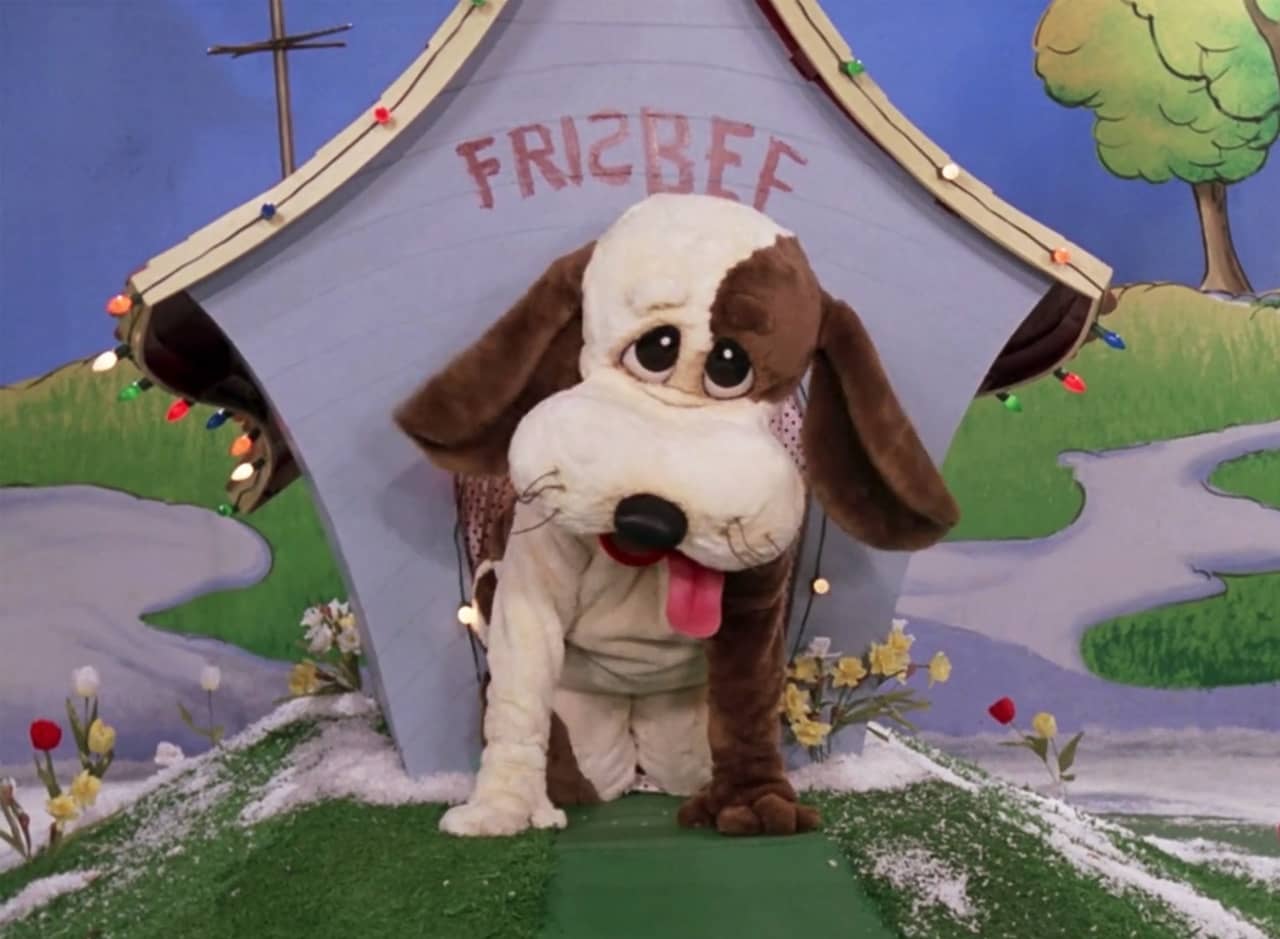 a man in a dog costume outside a big dog house labeled “Frisbee”