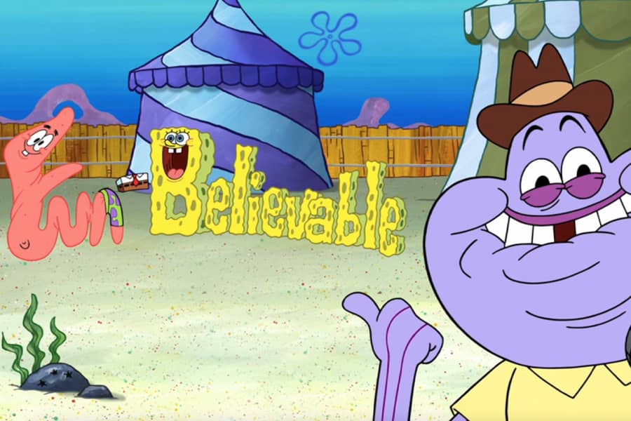 Rube pointing at Patrick and SpongeBob spelling out “Fun Believable” with their bodies