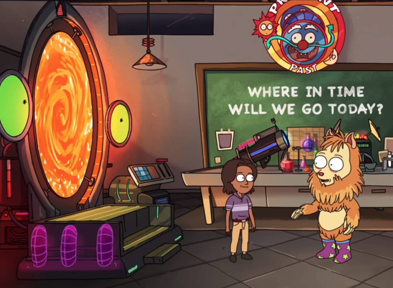 Funbucket, a furry kid-sized beast, with a boy next to a time machine