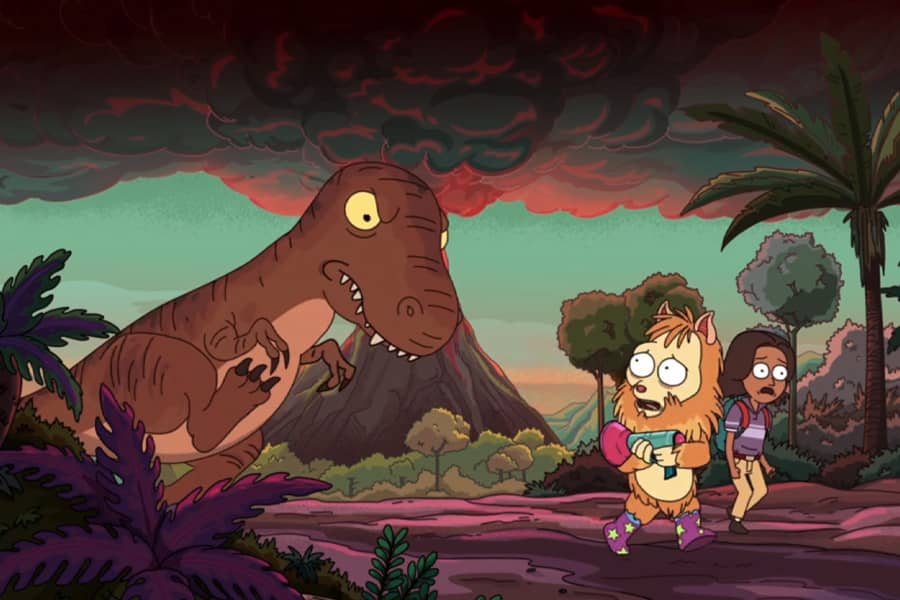 Funbucket and boy running from a dinosaur