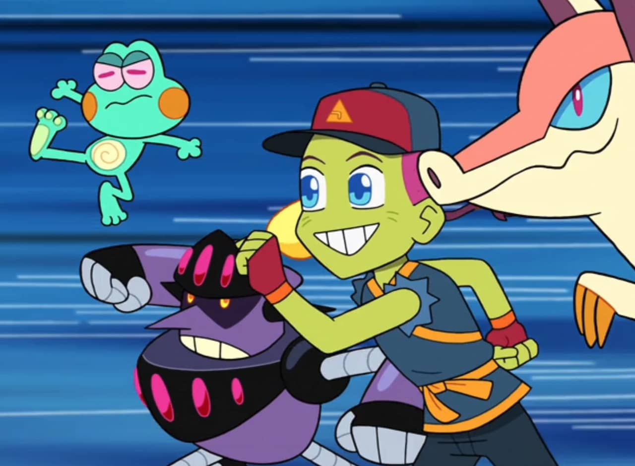 human boy runs with monsters including Froglem, Starmadillo, and a robot