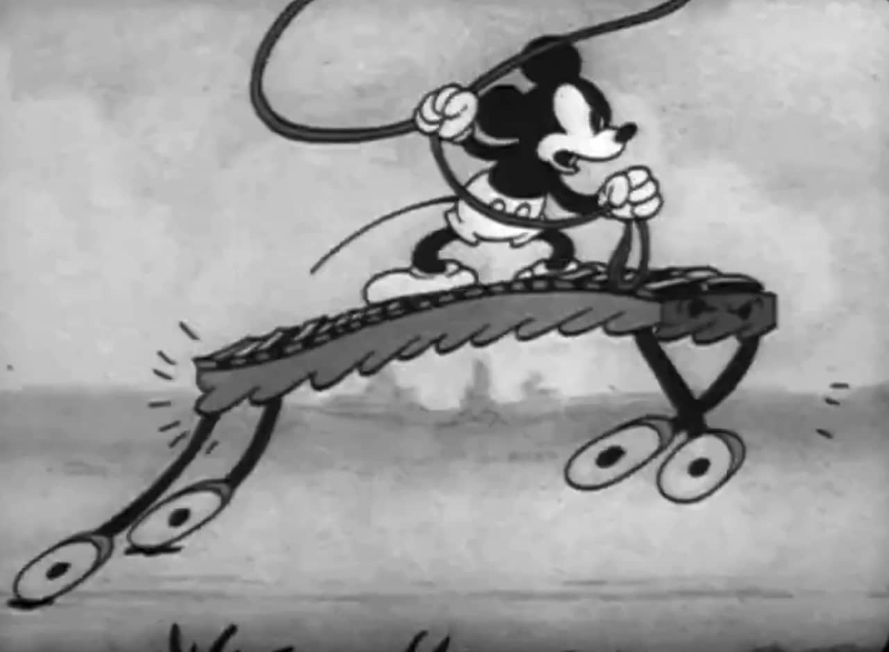 Mickey riding a galloping xylophone and throwing a lasso