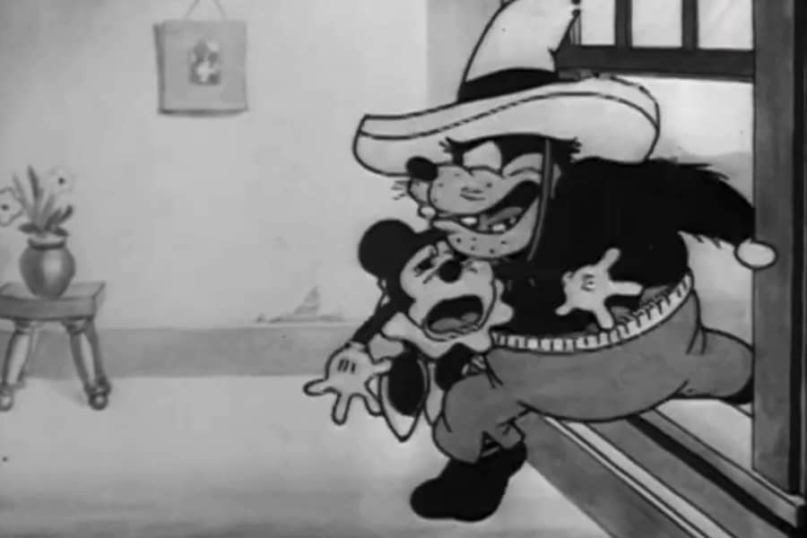 Pegleg Pete stealing Minnie out the window