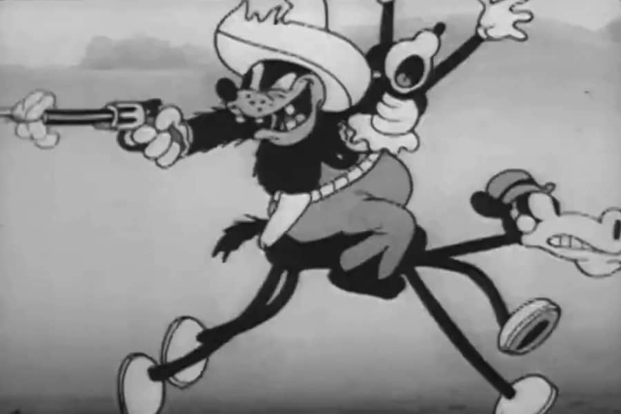 Pegleg Pete and Minnie riding a horse as Pete shoots a gun behind him