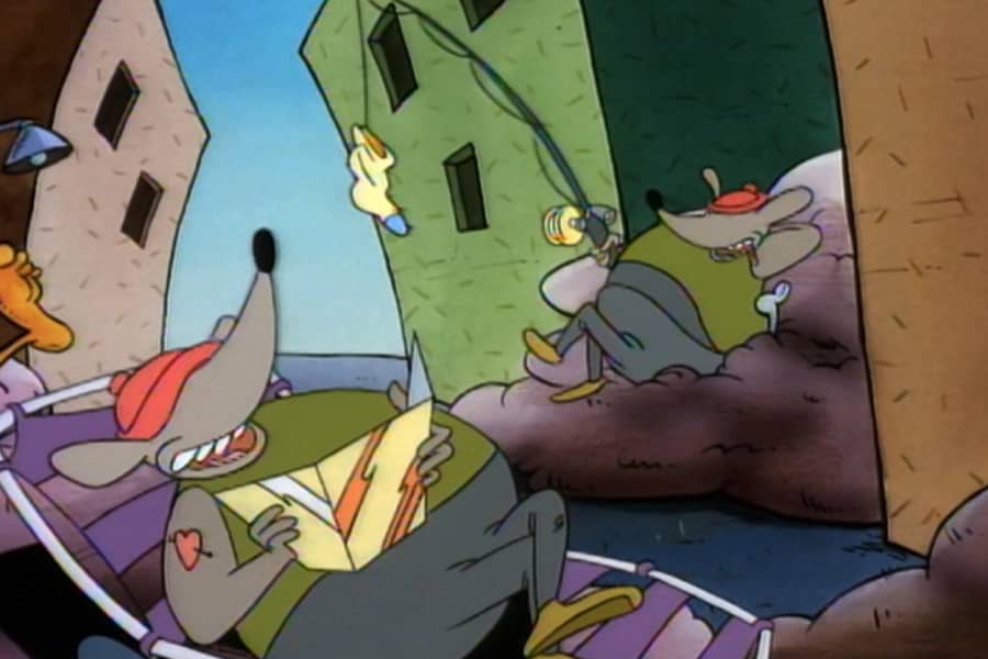 workers lounging in trash