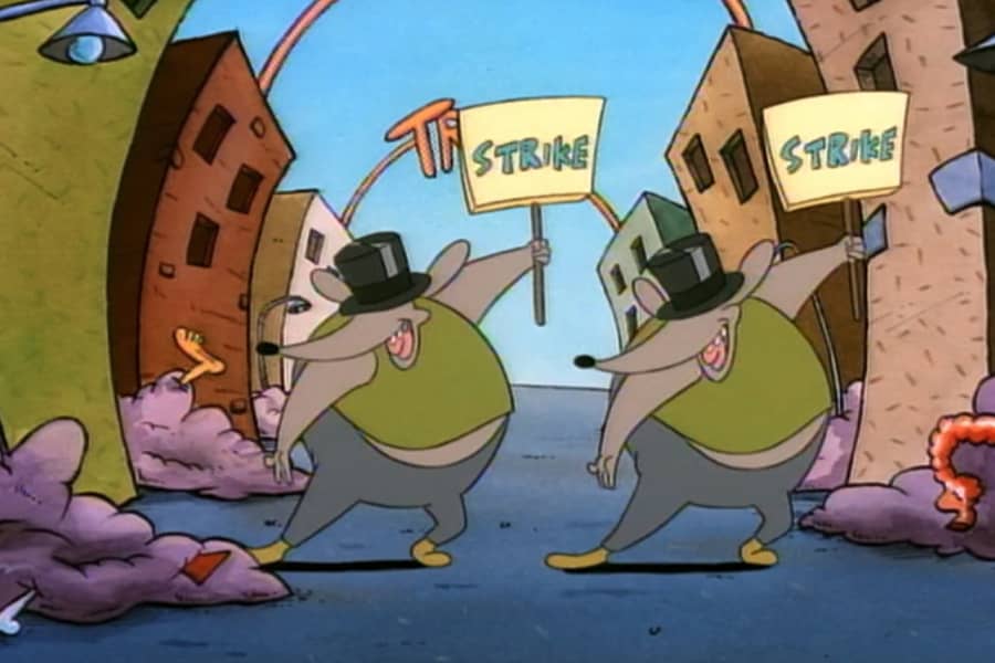 rat workers dancing with strike signs and top hats